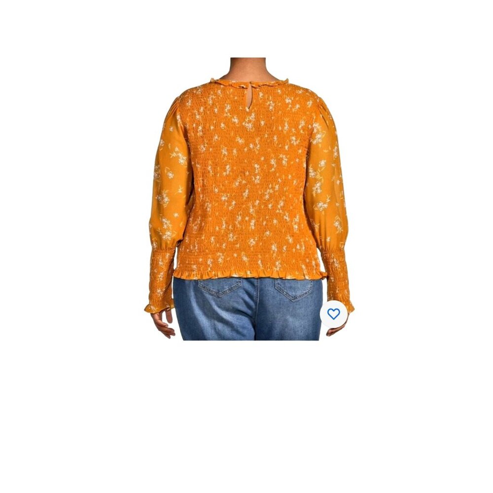 New Terra & Sky Plus Size 4X Long Sleeve Smocked Top Floral Print Mustard Yellow - Picture 2 of 12